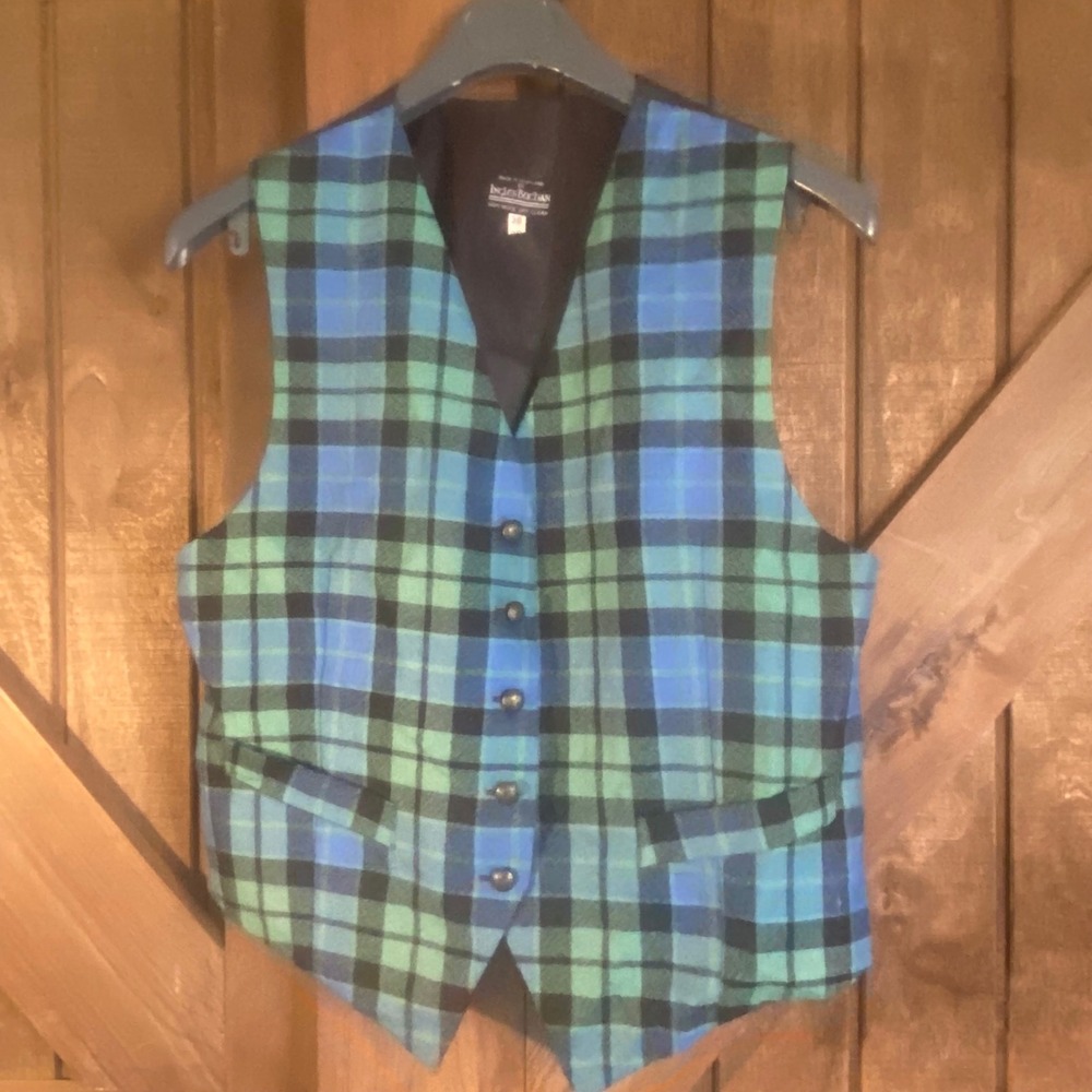Ingles Buchan Tartan Vest Mens 38 Blue Green Wool Plaid Made in Scotland